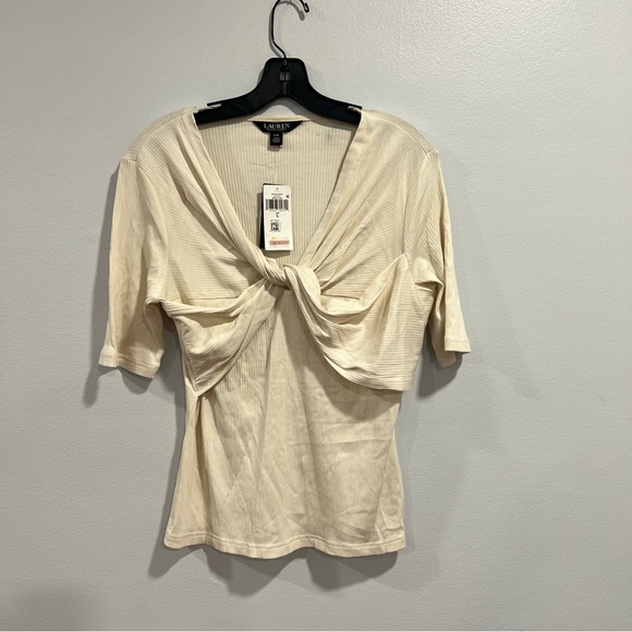 Lauren Ralph Lauren Winter Cream Color Twist Front Textured Short Sleeve Top - Picture 1 of 7